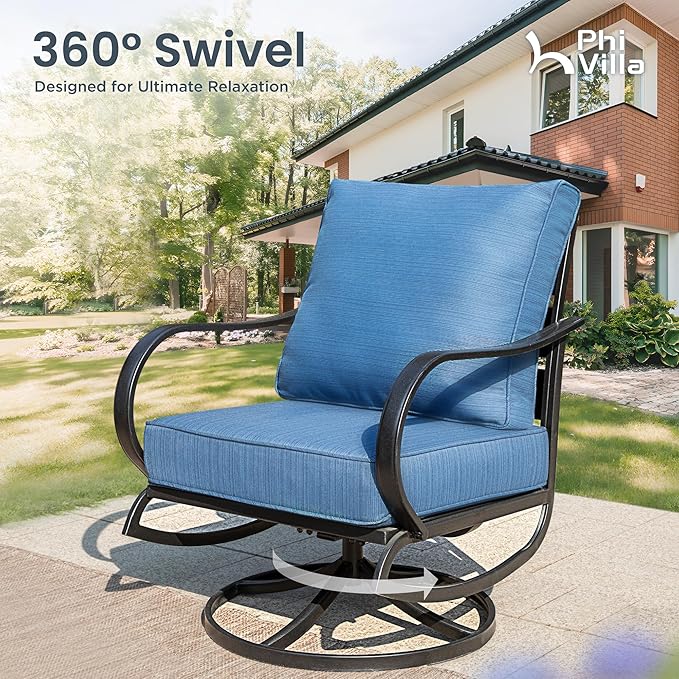 PHI VILLA 8 PCS Patio Furniture Set with Fire Pit Table,Metal Outdoor Furniture with 1 x 3-Seat Bench Sofa, 2 x Swivel Sofa Chairs, 2 x Leg Chair & 2 x Ottoman, Modern Patio Set, Peacock Blue