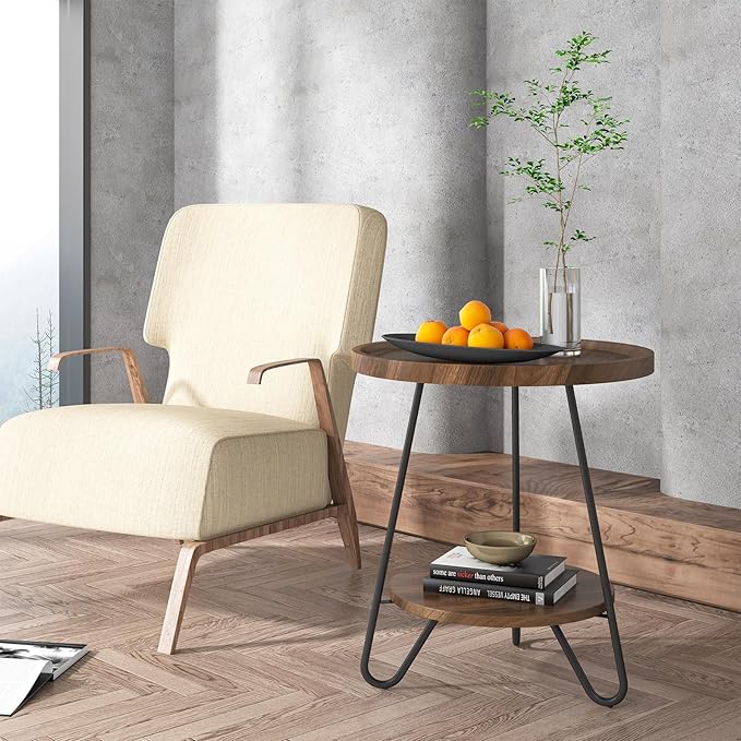 Tribesigns Round Side Table, 2-Tier End Table with Metal Legs, Modern Industrial Beside Table, Small Accent Table Snack Table for Living Room, Bedroom, Small Space, Easy Assembly, Brown
