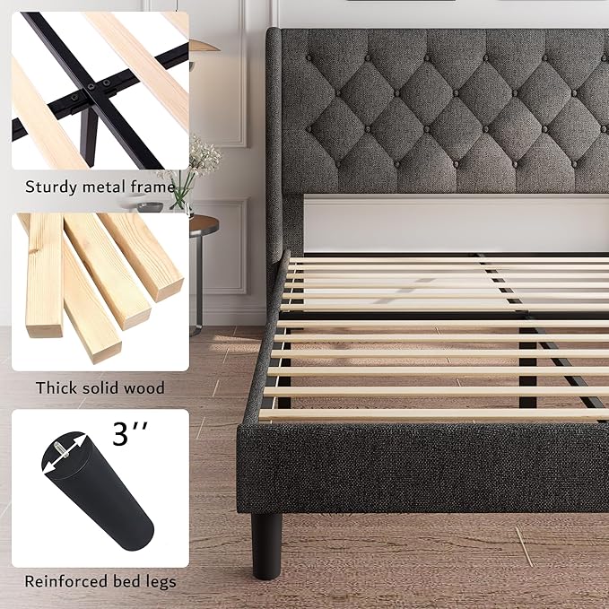 iPormis Full Size Platform Bed Frame with Button Tufted Headboard, Upholstered Bed Frame with Solid Wooden Slats, 8" Underbed Space, No Box Spring Needed, Noise Free, Easy Assembly, Dark Gray