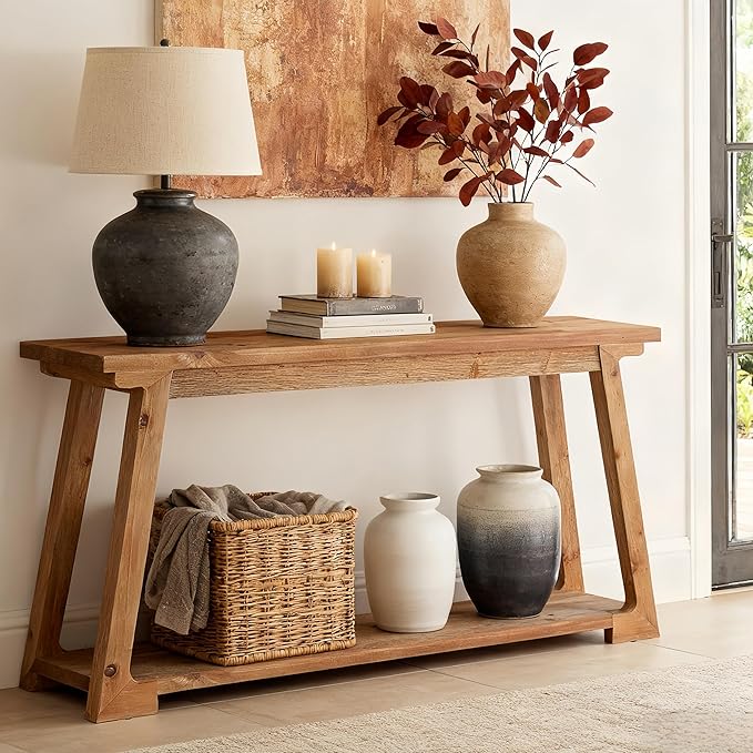 Tribesigns 63-Inch Long Console Table, 2-Tier Solid Wood Sofa Table with Storage, Narrow Behind Couch Accent Furniture for Living Room, Hallway, Entryway