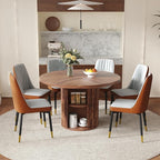 Round Dining Table Set for 6 with Two Storage, 47" Round Dining Table with 6 PU Leather Chairs, 7 Piece Kitchen Table Chairs Set of 6 with 1.7” Thick Wood Top, Roman Column Pedestal, Space-Saving