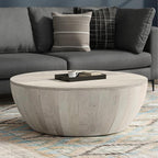 SIMPLIHOME Elmbrook Coffee Table - 34 inch Wide Solid Mango Wood Modern Industrial Round Drum Cocktail Table in White Wash, Sculptural Living Room Table with Low Profile Design, Assembled