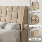 Full Size Headboard with Charging Station, Ergonomic Upholstered Linen Headboards Only, Wingback Wood Bed Head Board with Storage Pocket, Bed Frame Adapters, Beige