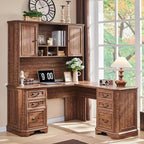 T4TREAM 59" Executive L Shaped Desk with Hutch,Victorian Wood Computer Desk, Featuring Charging Station,File Drawer, Storage Cabinet,for Home Office Work and Study (Reclaimed Barnwood)