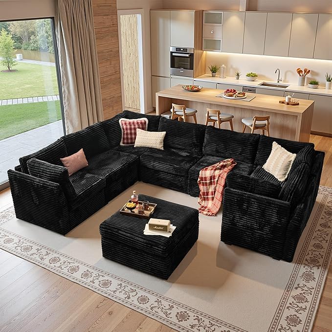130'' Modern Modular Sectional Sofa with Ottoman, 8 Seater U Shaped Cloud Couch for Living Room, Oversized Deep Seat Convertible Sofa Set, Plush Corduroy Black