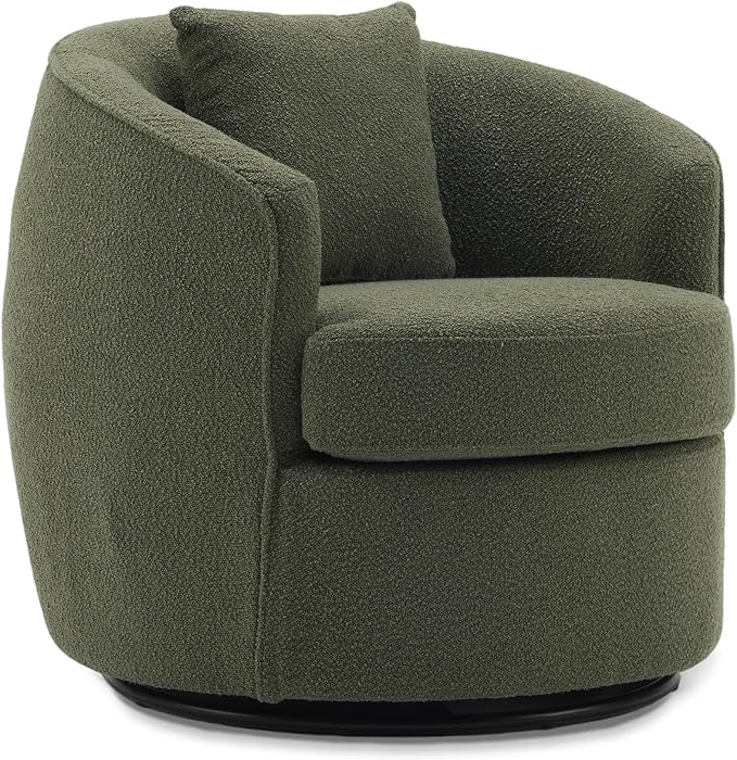 Swivel Accent Chair, Modern Upholstered Boucle Barrel Arm Chairs with Pillow for Living Room, 360 Degree Round Swivel Sherpa Armchair with Round Base for Bedroom Club (1, Green)