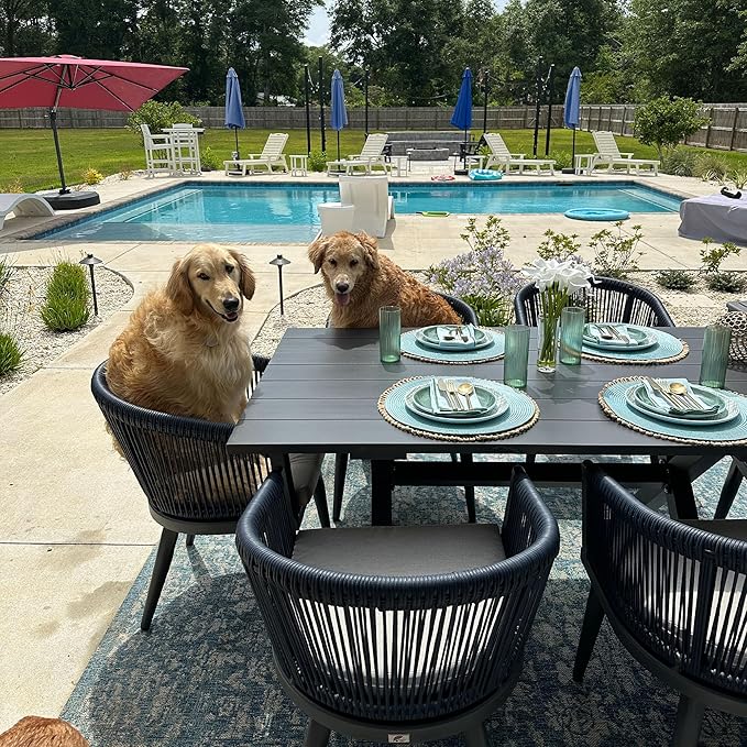 PURPLE LEAF Outdoor Dining Set for 8 All-Weather 9 Piece Patio Aluminium Dining Large Square Table and Rope Weave Chairs Included Cushions for Backyard Decor Kitchen Patio Furniture Set Grey and Navy