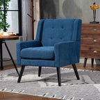 Mid-Century Modern Accent Chair, Plush Linen Fabric with Button Tufted High Back & 5" Thick Cushion, High Comfort Reading Chair for Living Room, Bedroom, Office (Blue)