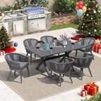 PURPLE LEAF 7 Pieces Outdoor Dining Set with Patio Aluminium Dining Table and Wicker Rattan Chairs Modern Furniture Cushions Sets for Backyard Indoor Decor Kitchen Grey