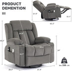 Power Swivel Rocker Recliner Chair with Heat and Massage, USB and Type-C Charging Port, Electric Glider Rocking Chairs, Oversized Recliner Chairs for Adults(Fabric, Grey)