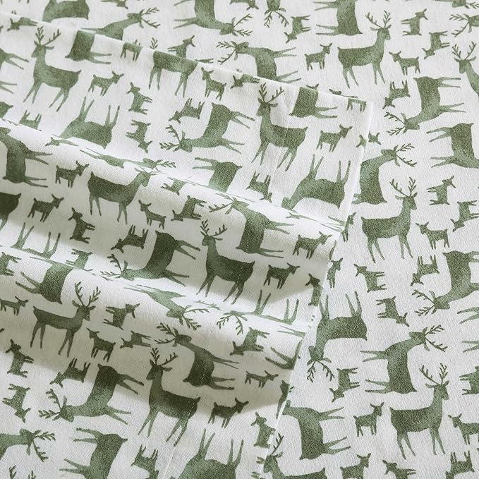 Eddie Bauer - Flannel Sheets Twin Size, Anti-Pilling & Wrinkle Resistant Cotton, Touchably Soft for All-Season Comfort - Bed Sheets with Matching Pillowcase & Fitted Sheet (Deer Camp Green)