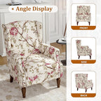 Floral Wingback Accent Chairs Set of 2, High Back Upholstered Armchair, Comfy Fabric Wingback Arms Chairs with Solid Wood Legs, Single Sofa Reading Chair for Bedroom Living Room, Beige