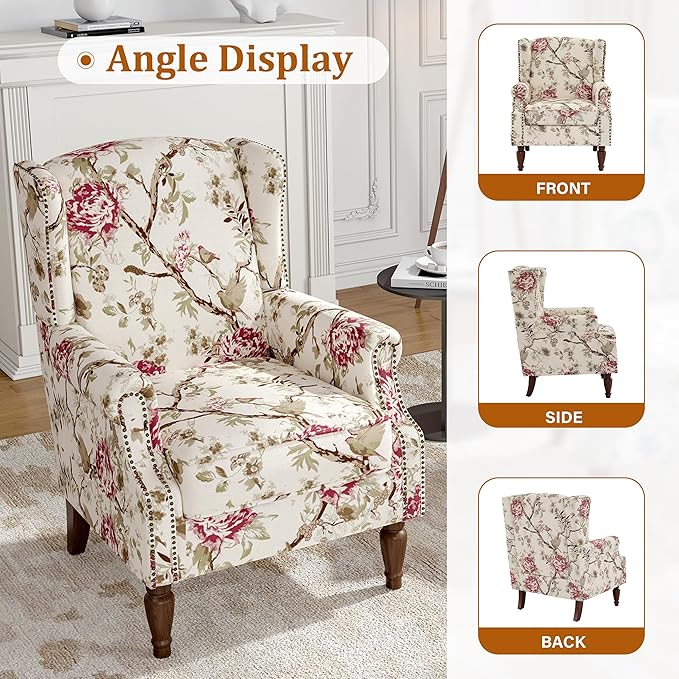 Floral Wingback Accent Chairs Set of 2, High Back Upholstered Armchair, Comfy Fabric Wingback Arms Chairs with Solid Wood Legs, Single Sofa Reading Chair for Bedroom Living Room, Beige