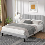 VECELO Full Size Bed Frame with Upholstered Headboard, Velvet Platform Bedframe Mattress Foundation, Strong Wood Slat Support, No Box Spring Needed,Light Grey