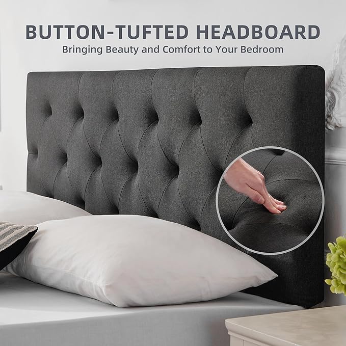 Linen Upholstered Headboard Full Size, Modern Diamond Tufting Solid Wood Full XL Headboard Only, Adjustable Height from 37” to 51” Head Board, Bed Frame or Wall Mount Headboards, Dark Grey