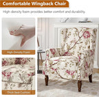 Floral Wingback Accent Chairs Set of 2, High Back Upholstered Armchair, Comfy Fabric Wingback Arms Chairs with Solid Wood Legs, Single Sofa Reading Chair for Bedroom Living Room, Beige