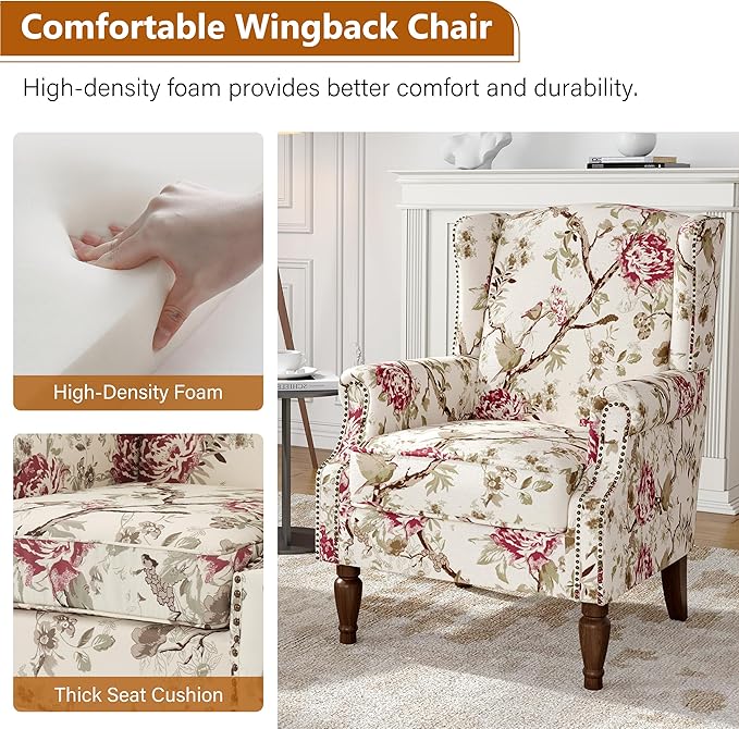 Floral Wingback Accent Chairs Set of 2, High Back Upholstered Armchair, Comfy Fabric Wingback Arms Chairs with Solid Wood Legs, Single Sofa Reading Chair for Bedroom Living Room, Beige