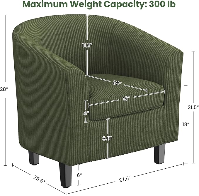 Yaheetech Corduroy Barrel Chair, Upholstered Club Accent Chair, Round Armchair with Soft Cushion for Living Room Bedroom Reading Room, Dark Green