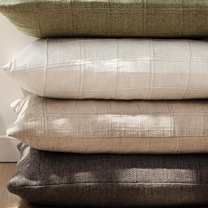 Foindtower Set of 2 Decorative Linen Check Throw Pillow Covers Neutral Farmhouse Vintage Cushion Covers Modern Coastal Boho Home Decor for Sofa Chair Couch Bedroom Living Room,26×26 Inch,Camel