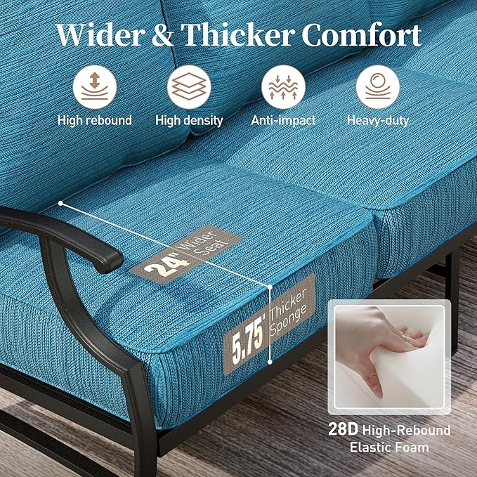 4 Piece Metal Outdoor Patio Furniture Set, Patio Conversation Set 3-seater Sofa, 2 Rocking Chair with 5.75" Extra Thick Cushion and Coffee Table, Black Frame Backyard Furniture, Blue-2