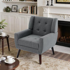 Accent Chair, Mid-Century Modern Upholstered Armchair, Comfy Fabric Living Room Chairs Reading Chairs with Button Tufted Back & Solid Wood Legs for Bedroom, Office, Gray
