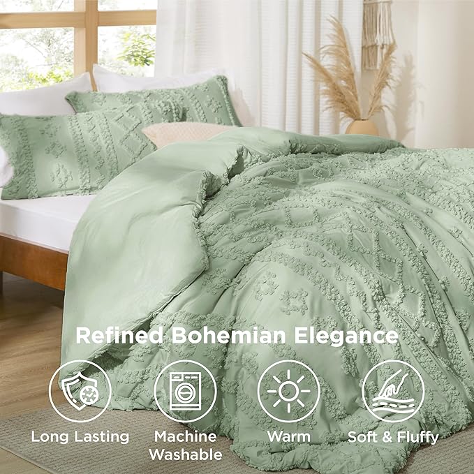 Bedsure Tufted Boho Comforter Set Twin Size - Sage Green Boho Bed Set, GentleSoft™ 2 Pieces Farmhouse Shabby Chic Embroidery Bedding, Gifts for Woman, Soft Jacquard Twin Comforter for All Seasons