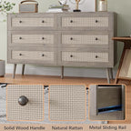 Rattan Dresser for Bedroom, Grey 6 Drawer Dressers & Chest of Drawers, Boho Dresser with Handles Wood Chests Storage Organizer Farmhouse Dressers for Closet, Hallway, Office