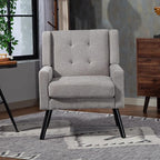Mid-Century Modern Accent Chair, Plush Linen Fabric with Button Tufted High Back & 5" Thick Cushion, High Comfort Reading Chair for Living Room, Bedroom, Office (Light Gray)