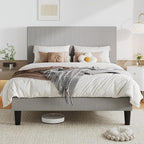 Allewie Queen Size Upholstered Bed Frame with Vertical Channel Tufted Headboard, Soft Corduroy Fabric Platform Bed, Strong Wooden Slats Support, Easy Assembly, No Box Spring Needed, Light Grey