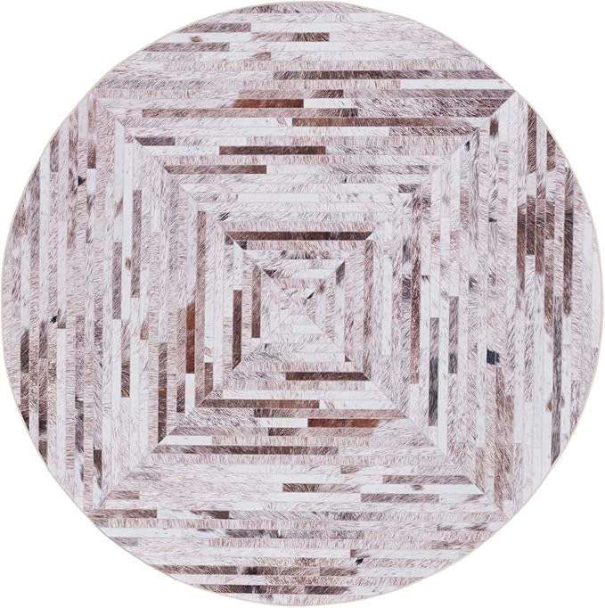 SAFAVIEH Washable Rug Faux Hide Collection - 4' Round, Beige & Brown, Slip Resistant, Western Rustic Decor, Printed Pattern, Ideal for Living Room, Bedroom, Home Office, Dining Space (FAH526A)