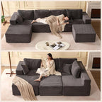 138" Boneless Couch with Deep Seat, Modular Sectional Sofa, Cloud Sectional Couch for Living Room, No Assembly Required, Corduroy, U-Shape 4 Seater Left, Gray