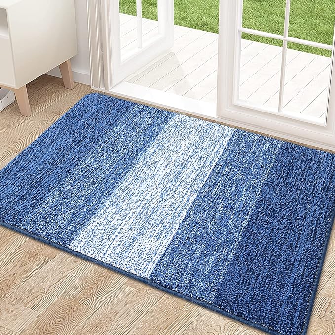 Kitinjoy Indoor Outdoor Door Mat, 32x20 Non-Slip Absorbent Dirt Trapper, Low-Profile Washable Inside Entrance Front Floor Mat, Sturdy Soft Entry Doormats for Entryway, Navy Blue