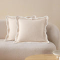 Double Stitch Scalloped Throw Pillow Covers - 100% Cotton Set of 2 Decorative Boho Pillow Covers 18 x 18, Made in India, Square Cushion Case, Modern Home Decor for Couch Sofa Living Room, Oat Milk