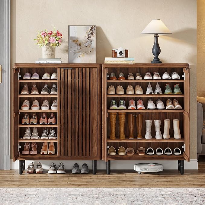 Tribesigns Shoe Cabinet with Shutter Doors, 6-Tier Entryway Shoe Cabinet with Adjustable Shelves, Wooden Modern Rack Organizer for Entryway, Hallway, Closet, Living Room, Walnut