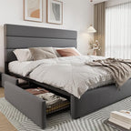 Allewie Modern King Size Platform Bed Frame with 4 Storage Drawers and Velvet Upholstered Headboard, Wooden Slats Support, Upholstered Mattress Foundation/No Box Spring Needed/Easy Assembly, Grey
