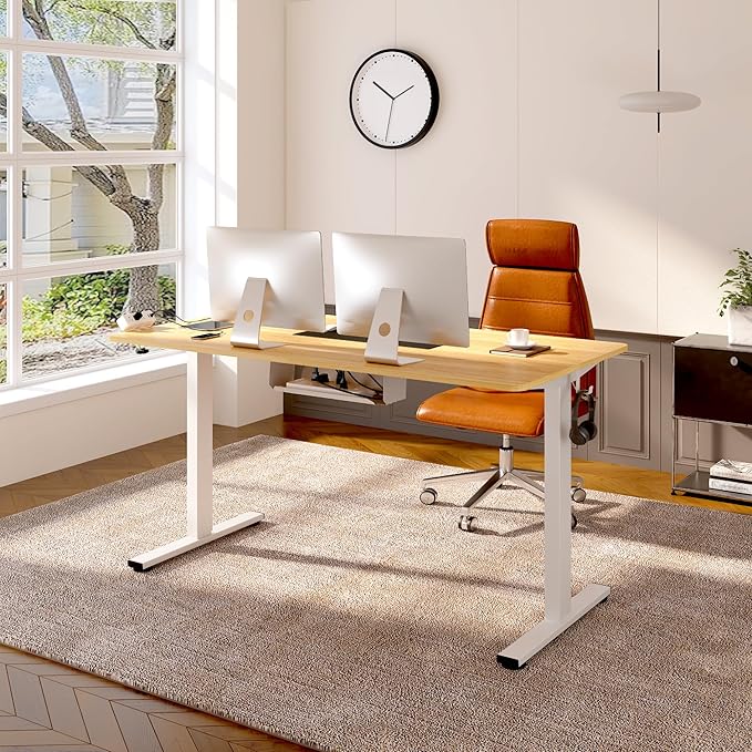 FLEXISPOT EN2 Whole-Piece Standing Desk with Clamp Power Strip, 48 x 24 Electric Stand Up Height Adjustable Desk with Cable Management (White Frame + 48" Maple Top)