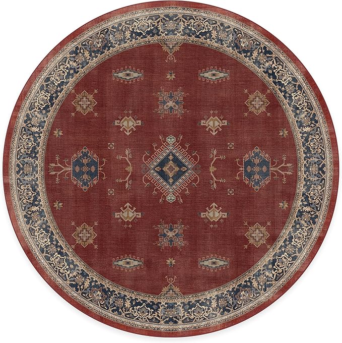 RUGGABLE Washable Vintage Area Rug – Verena Amber Red 8 ft Round, Stain-Resistant, Non-Slip – Large Machine Washable Rugs for Living Room, Bedroom, Hallway, Entryway & Office–with Cushioned Pad