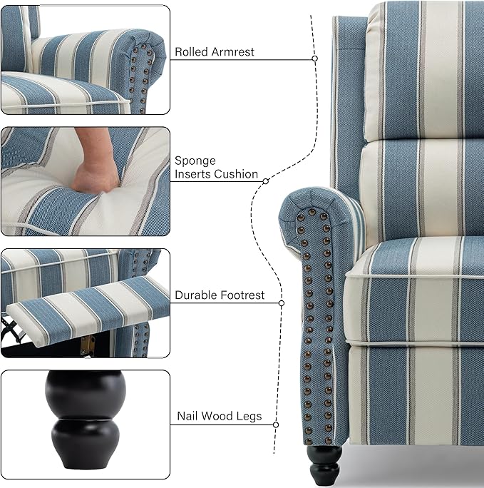 Recliner Chair, Modern Pushback Armchair with Adjustable Backrest & Footrest for Bedroom, Living Room (Navy Blue Stripe,Set of 1)
