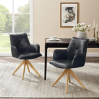 Art Leon Office Chair No Wheels - Mid Century Modern Swivel Desk Chair, Genuine Leather Upholstered Accent Chair with Oak Wood Legs for Small Space Living Room Bedroom, Black Blue