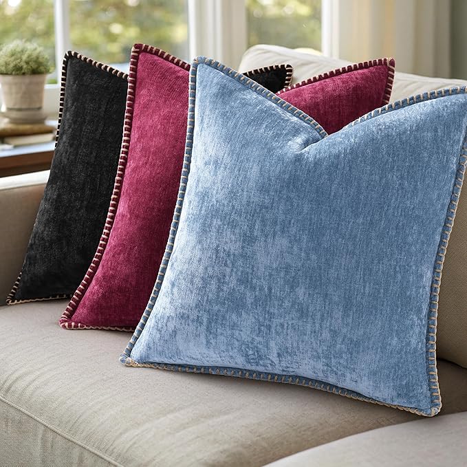 decorUhome Christmas Chenille Soft Throw Pillow Covers 20x20 Set of 2, Farmhouse Velvet Neutral Decorative Euro Pillow Covers with Stitched Edge for Couch Sofa Bed Home Decor, Rhododendron