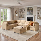130'' Modern Modular Sectional Sofa with Ottoman, 7 Pieces L Shaped Cloud Couch for Living Room, Oversized Deep Seat Convertible Sofa Set, Plush Corduroy Beige