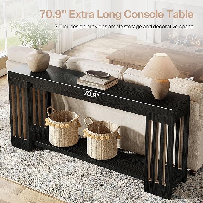 Tribesigns 2-Tier Extra Long Entryway Table, 70.9-Inch Farmhouse Console Table with Vertical Stripe Legs and with Open Shelves for Living Room, Hallway, Black