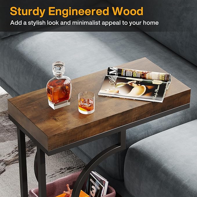 Tribesigns Narrow Side Table Brown Black C Shaped End Table Modern Bedside Tables for Couch, Small Sofa Tables with Metal Frame for Living Room (1, Brown+Black)