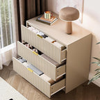 3-Piece Dresser Bedroom Set, 9 Drawer Dresser & 3 Drawer Nightstands with Gold Handles, Fluted Wood Chest of Drawers for Bedroom, Living Room, Entryway, Beige