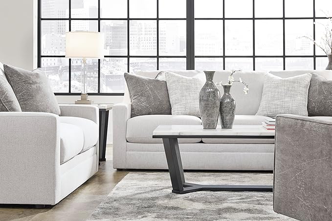 Signature Design by Ashley Maitelynn Contemporary Loveseat with Accent Pillows, Reversible Cushions and Sloped Arms, Light Gray