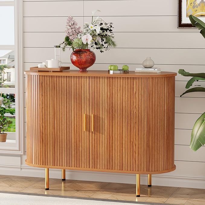 DHH Storage Cabinet, Fluted Sideboard Buffet Cabinet with Tambour Sliding Doors& Adjustable Shelf, Accent Coffee Bar Console Table for Kitchen, Living Room, Entryway (Yellow walnut40 Inch)