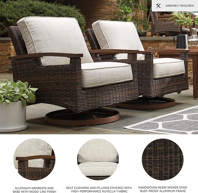 Signature Design by Ashley Paradise Trail Outdoor Swivel Upholstered Lounge Chair with All Weather Cushion, Set of 2, Cleanable Performance Fabric, Beige