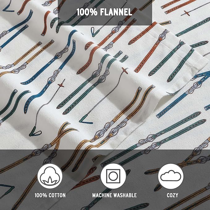 Eddie Bauer - Twin Sheets, Cotton Flannel Bedding Set, Brushed For Extra Softness, Cozy Home Decor (Ski Line White, Twin)