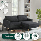 Studio Living® Matthew 83.5" Sofa Chaise, Mid-Century Modern, Pocket Coil Comfort, Reversable Chaise, Metal Brushed Bronze Legs, Chenille Fabric, Black