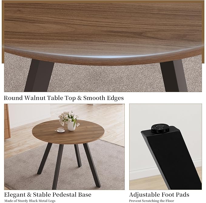 34.6'' Round Dining Table and Chairs for 4 Space Saving for Apartment Kitchen Dining Room (Walnut Table+4 White Chairs)
